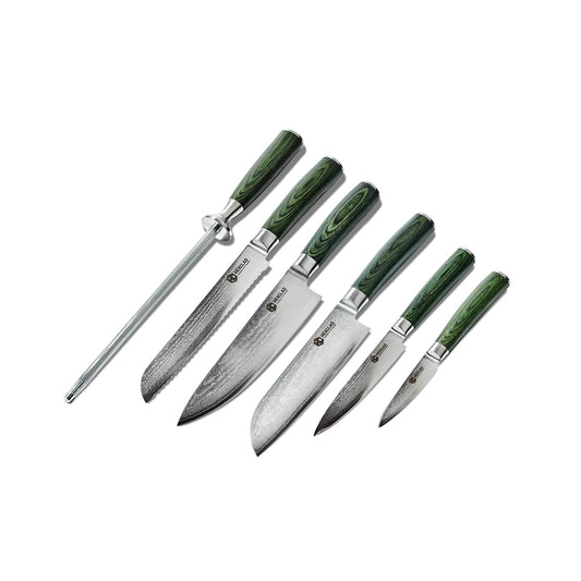 HexClad Essential Knife Set, 6-Piece, Japanese Damascus Stainless Steel Blades, Full Tang Construction, Pakkawood Handles