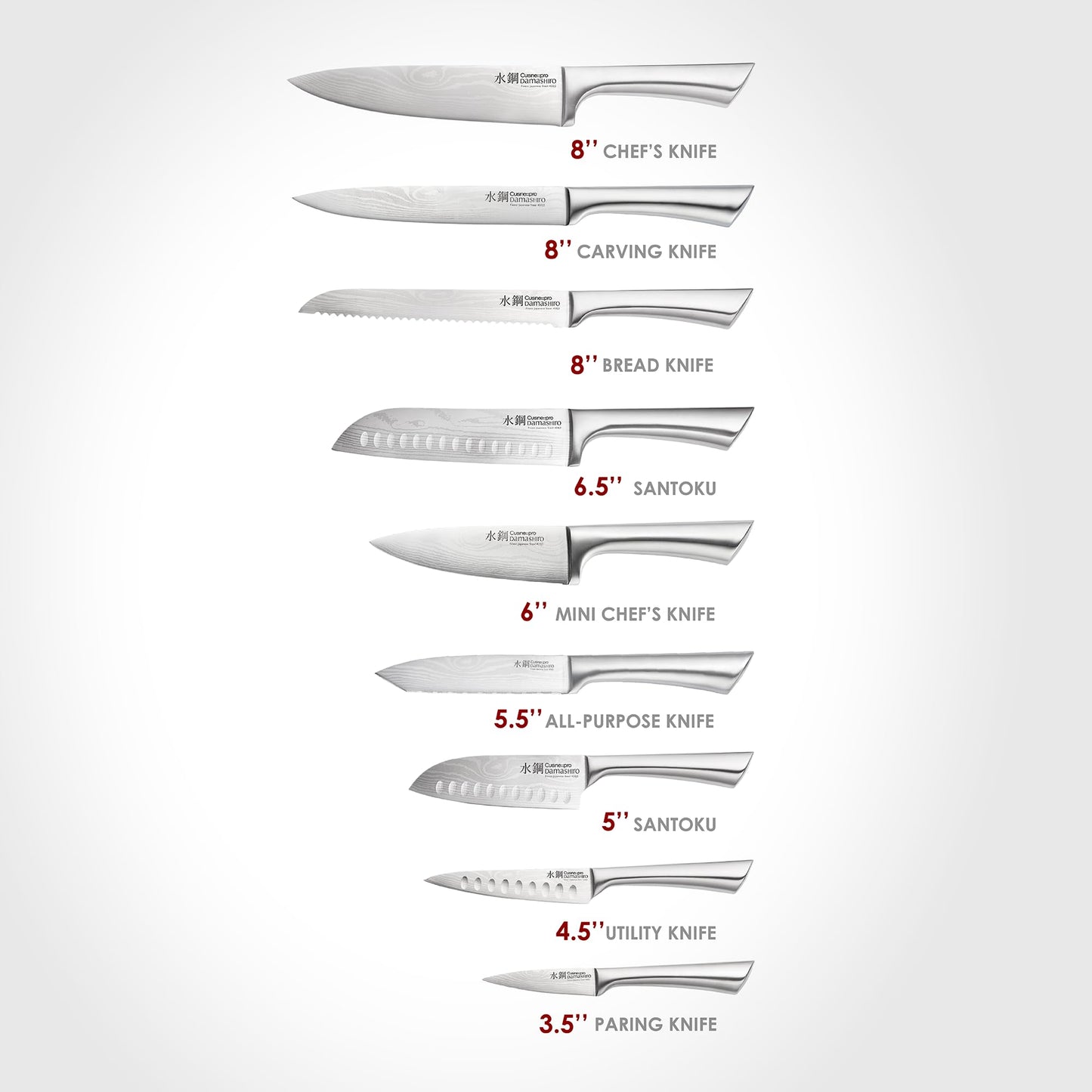 Cuisine::pro Damashiro 10-Piece Set: premium Japanese steel knives, Damascus-style blades, acacia wood block with glass window.