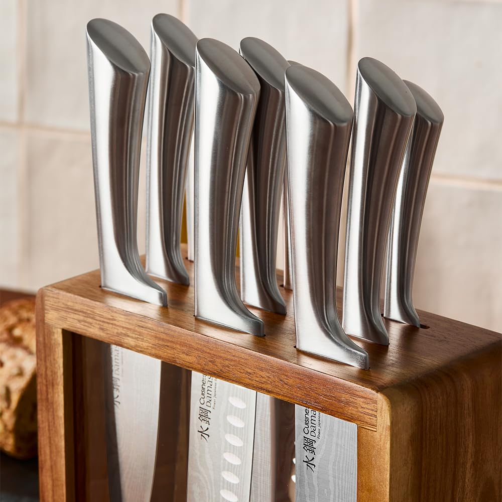 Cuisine::pro Damashiro 10-Piece Set: premium Japanese steel knives, Damascus-style blades, acacia wood block with glass window.