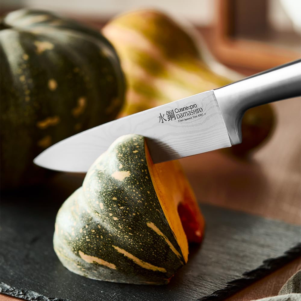 Cuisine::pro Damashiro 10-Piece Set: premium Japanese steel knives, Damascus-style blades, acacia wood block with glass window.