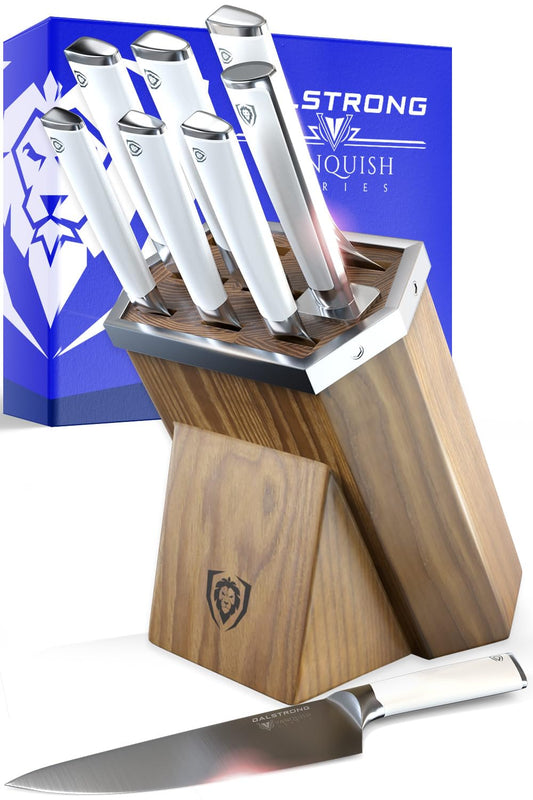 Dalstrong 8-Piece Knife Set: forged German steel knives, durable, sharp, includes stylish wood block, NSF certified.