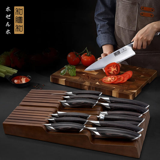 HOSHANHO 14-Piece Knife Set: professional knife set with block, high-carbon stainless steel, ultra-sharp with built-in sharpener.
