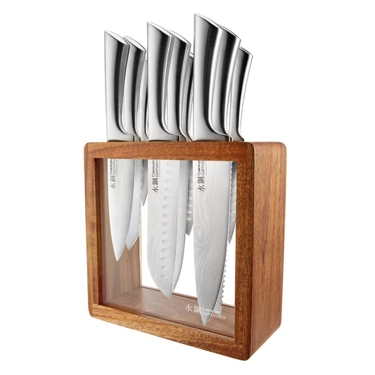 Cuisine::pro Damashiro 10-Piece Set: premium Japanese steel knives, Damascus-style blades, acacia wood block with glass window.