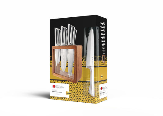 Cuisine::pro Damashiro 10-Piece Set: premium Japanese steel knives, Damascus-style blades, acacia wood block with glass window.