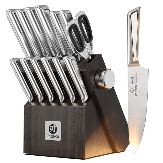 imarku Knife Set: high-carbon stainless steel, ultra-sharp edge, built-in sharpener, ergonomic and dishwasher safe.