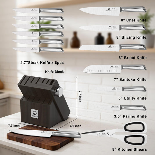 imarku Knife Set: high-carbon stainless steel, ultra-sharp edge, built-in sharpener, ergonomic and dishwasher safe.
