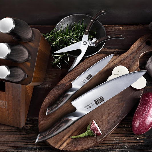 HOSHANHO 8-Piece Knife Set: Japanese high-carbon steel knives, ultra-sharp, includes block and scissors, ideal for professional kitchen use.