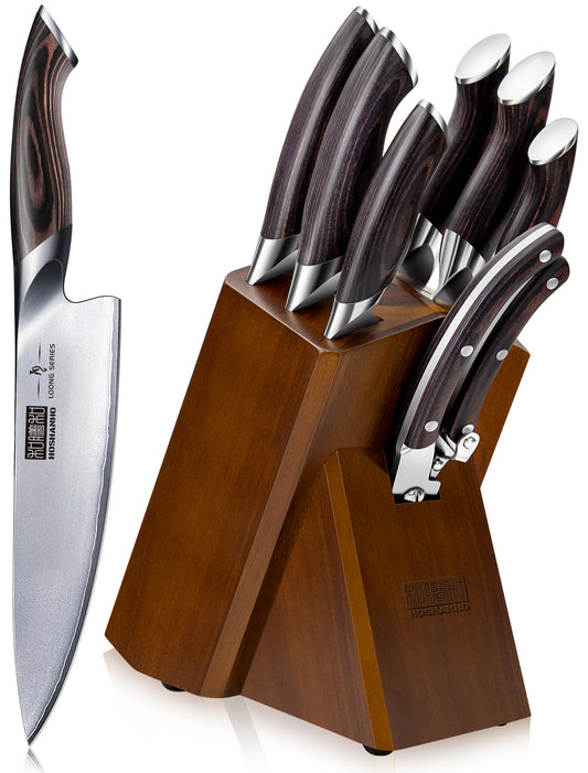 HOSHANHO 8-Piece Knife Set: Japanese high-carbon steel knives, ultra-sharp, includes block and scissors, ideal for professional kitchen use.