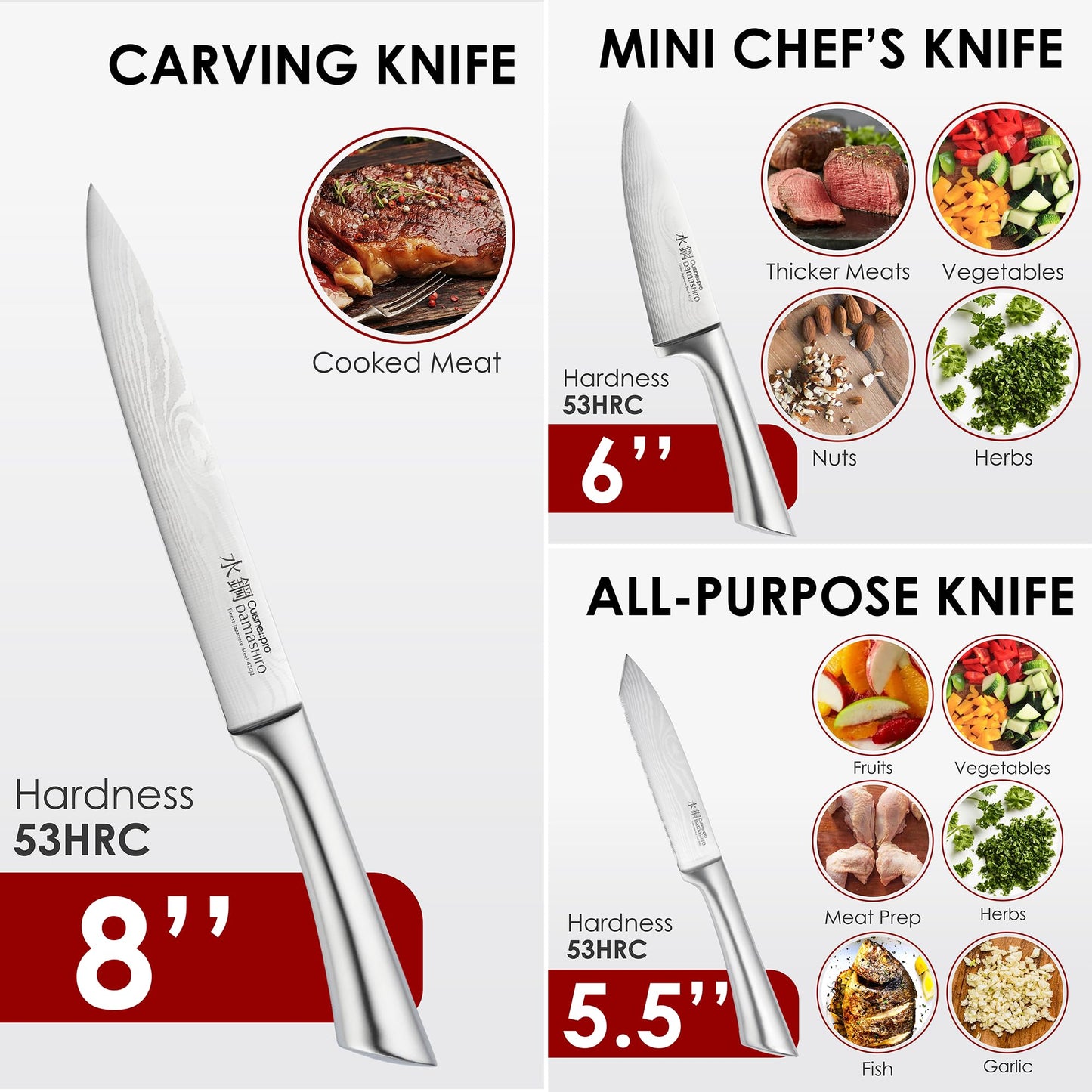 Cuisine::pro Damashiro 10-Piece Set: premium Japanese steel knives, Damascus-style blades, acacia wood block with glass window.