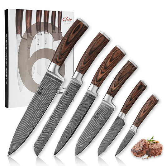 Wakoli EDIB 6-Piece Set: 67-layer Damascus knives, VG10 core, ergonomic design, professional-grade kitchen set.