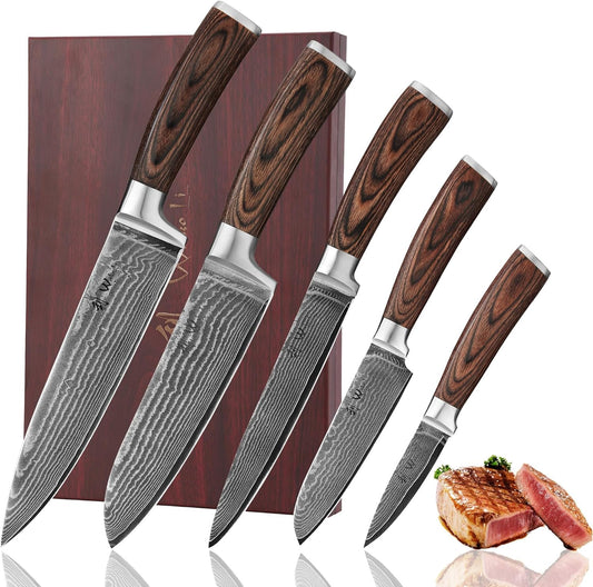 Wakoli EDIB 5-Piece Set: Damascus steel knives with VG10 core, ergonomic handles, premium quality in elegant gift box.