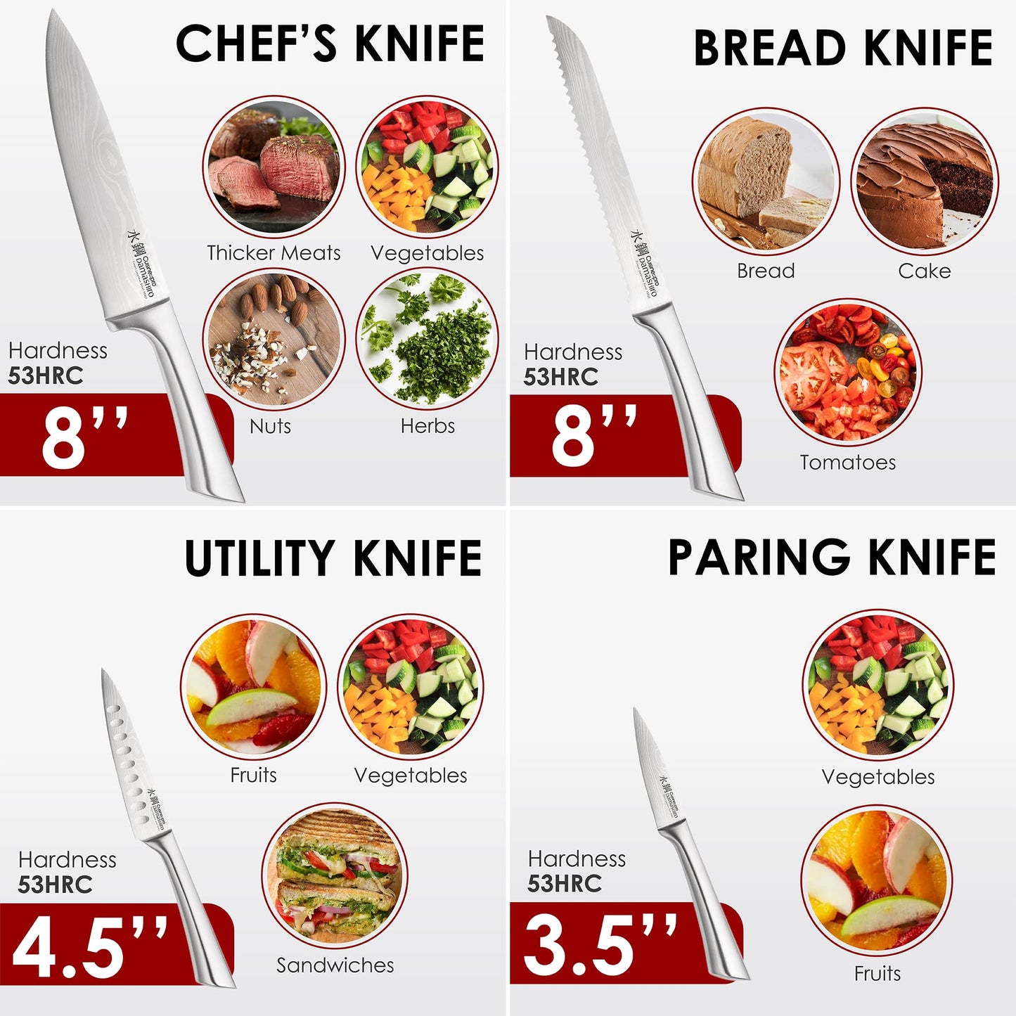 Cuisine::pro Damashiro 10-Piece Set: premium Japanese steel knives, Damascus-style blades, acacia wood block with glass window.