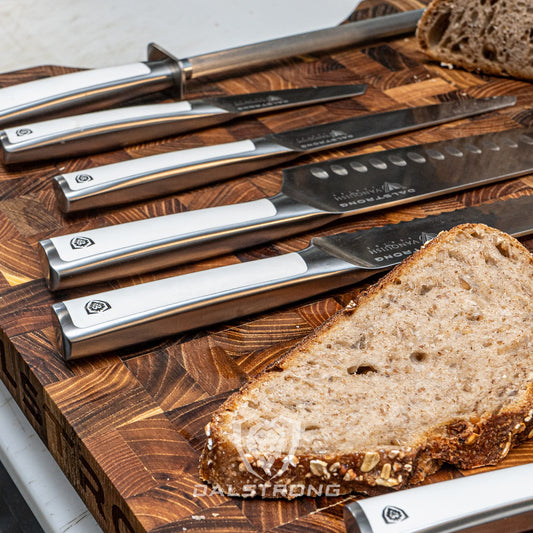 Dalstrong 8-Piece Knife Set: forged German steel knives, durable, sharp, includes stylish wood block, NSF certified.